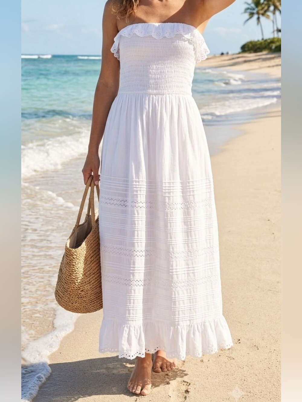 Abercrombie & Fitch White Tube Top Maxi Dress with Eyelet Ruffle Hem